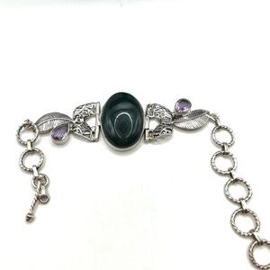 Sterling Silver Green Center Cabochon and Amethyst Bracelet 925 Big Bold